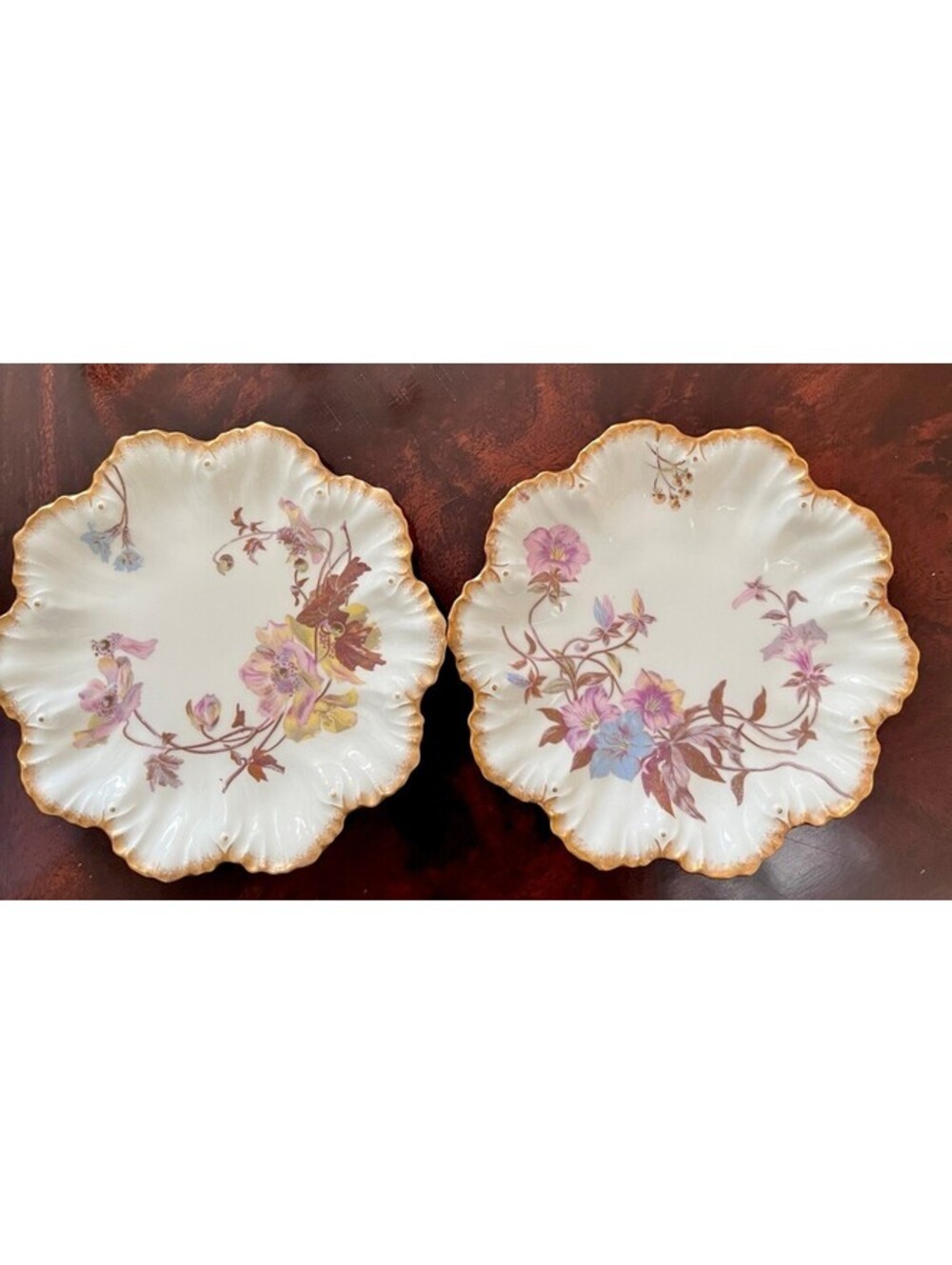 Set 2 Antique Limoges France H.L. Depose 9” Hand Painted Floral Plates Gold Gilt